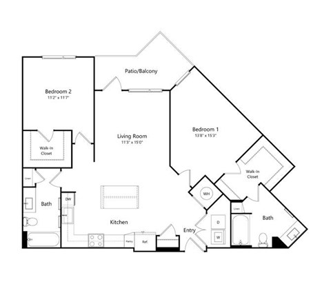 Floor plan for 2 beds, 2 baths, 1153 sqft